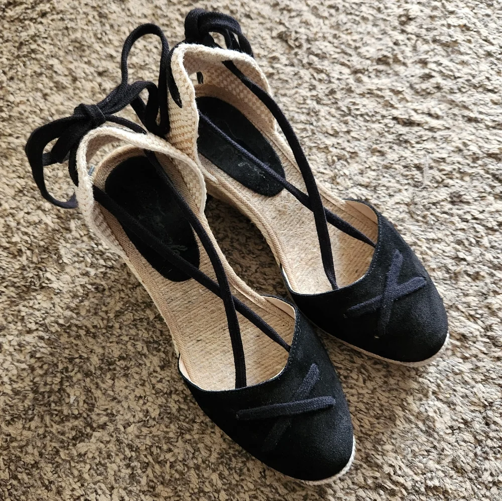 Free People Black Espadrille Wedge Sandals with Natural Rope Heel